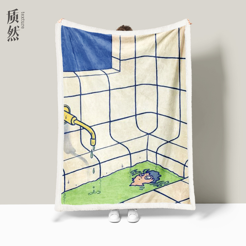 北欧创意插画季双层羊羔绒春季空调盖毯学生午睡毯子宿舍定制毛毯