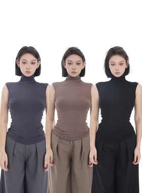 PEMPL 高领无袖背心女春季新款修身显瘦打底衫百搭针织上衣内搭潮