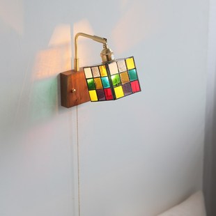 烁阳彩色手工玻璃壁灯日式床头复古民宿左右旋转带开关魔方小壁灯