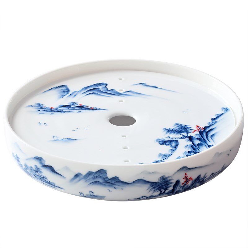 便携旅行功夫茶具套装手绘潮汕户外沥水陶瓷青花瓷茶船圆形收纳蓄