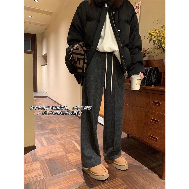 小矮个子145人字纹阔腿裤女秋冬休闲羊毛西装裤灰色毛呢直筒裤xxs