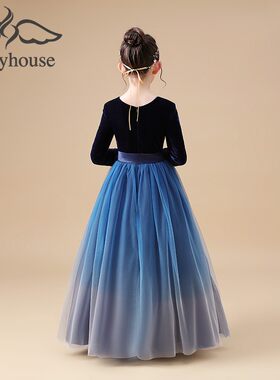 艾贝优女童长款晚礼服钢琴演出服儿童合唱团主持公主裙蓬蓬纱长袖