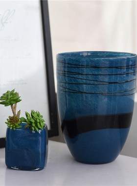 美式简约高档蓝灰色玻璃花瓶室内家居桌面装饰民宿水培花器F4-1-2