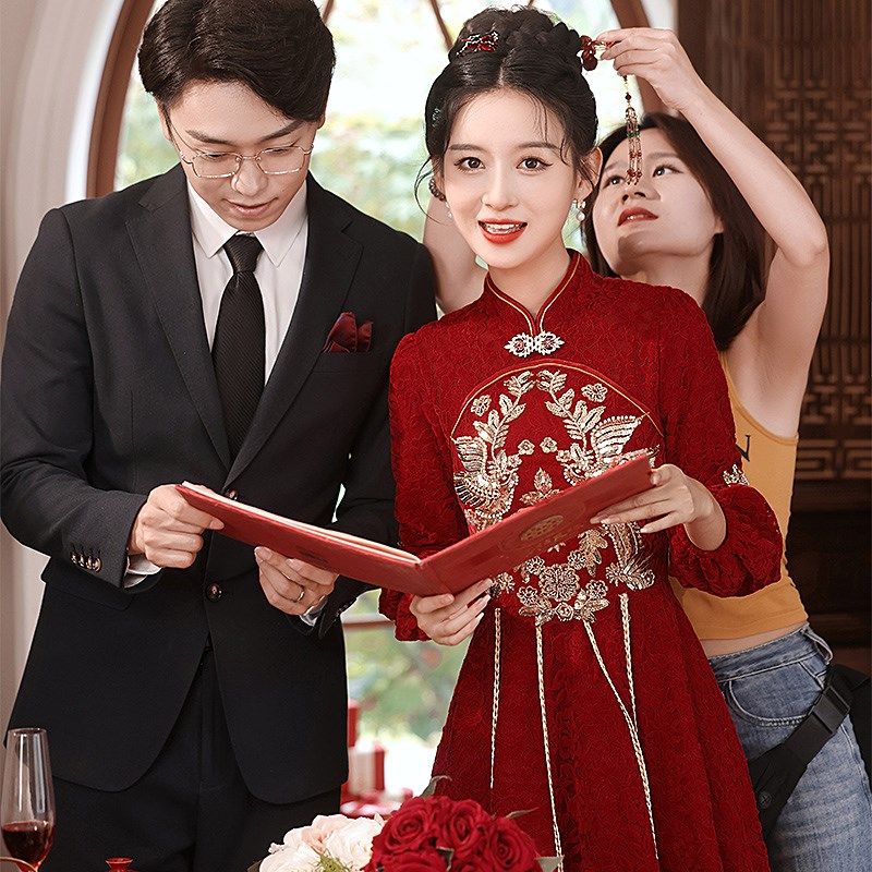 敬酒服新娘高级感小个子订婚礼服长袖中式旗袍回门便装红色秀禾裙