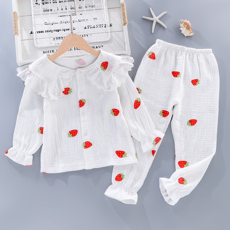 米筱米儿童春夏薄纯棉纱布长袖睡衣女童大花边可爱公主家居服