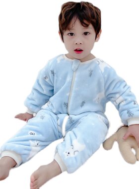 儿童连体睡衣宝宝秋冬季加绒加厚家居服珊瑚绒爬服婴儿法兰绒睡袋
