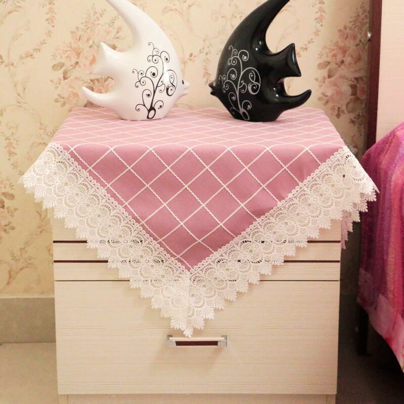蕾丝布艺麻布方格正方形床头柜洗衣机冰箱空调饮水机防尘盖布桌布