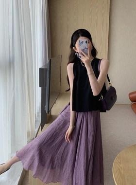 2024夏季新款气质黑色背心小衫+温柔紫色棉麻a字半身裙两件套装女
