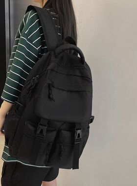 潮酷纯黑书包多袋大容量休闲双肩包2024新款初高中男女学生背包