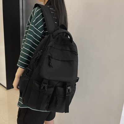 潮酷纯黑书包多袋大容量休闲双肩包2024新款初高中男女学生背包