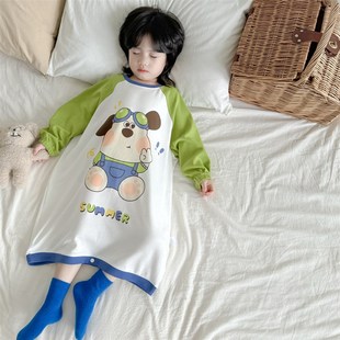 秋冬新款儿童宽松大款T恤卡通睡裙男女宝宝纯棉圆领长袖套头浴袍