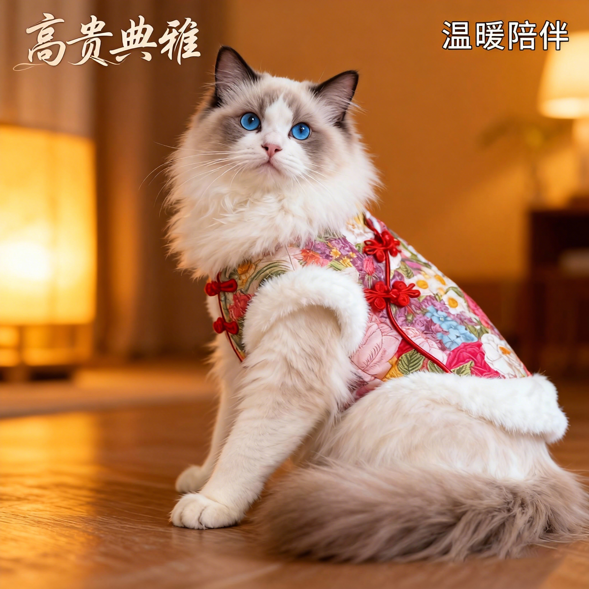 宠物保暖加绒唐装新年衣服适用泰迪比熊吉娃娃无毛猫熊猫图案