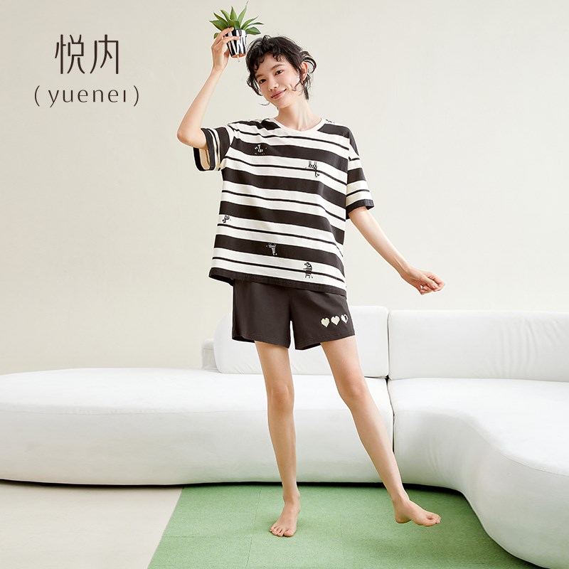 悦内睡衣女士夏季纯棉短袖短裤夏款家居服休闲可外穿条纹大码套装