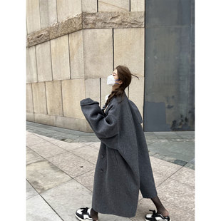 Xinlei lin  廓形大袖兔绒羊毛长毛双面呢大衣棕灰双色毛呢外套