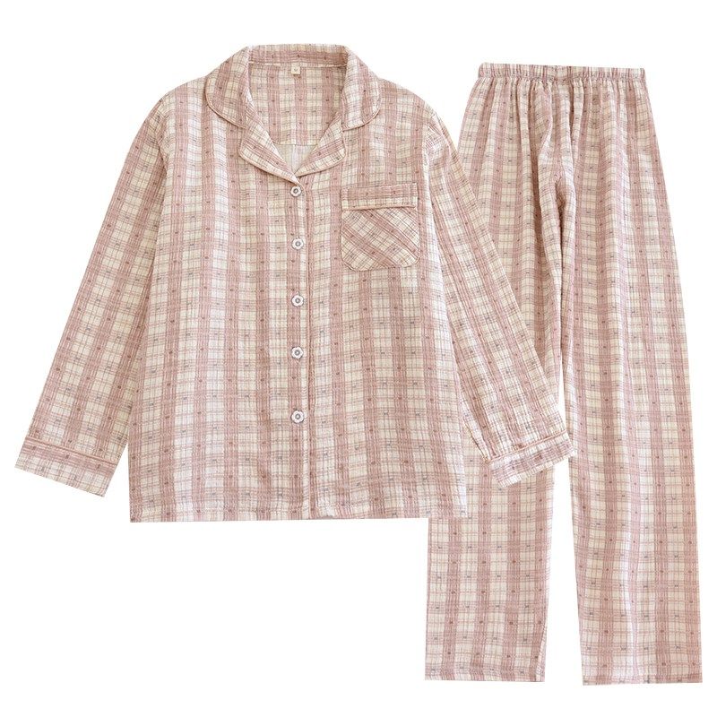 2025春季新款男士纯棉纱布睡衣女家居服套装长袖薄款格子夏季全棉