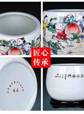 景德镇陶瓷器五子登科聚宝盆中式玄关酒柜家居客厅装饰工艺品摆件