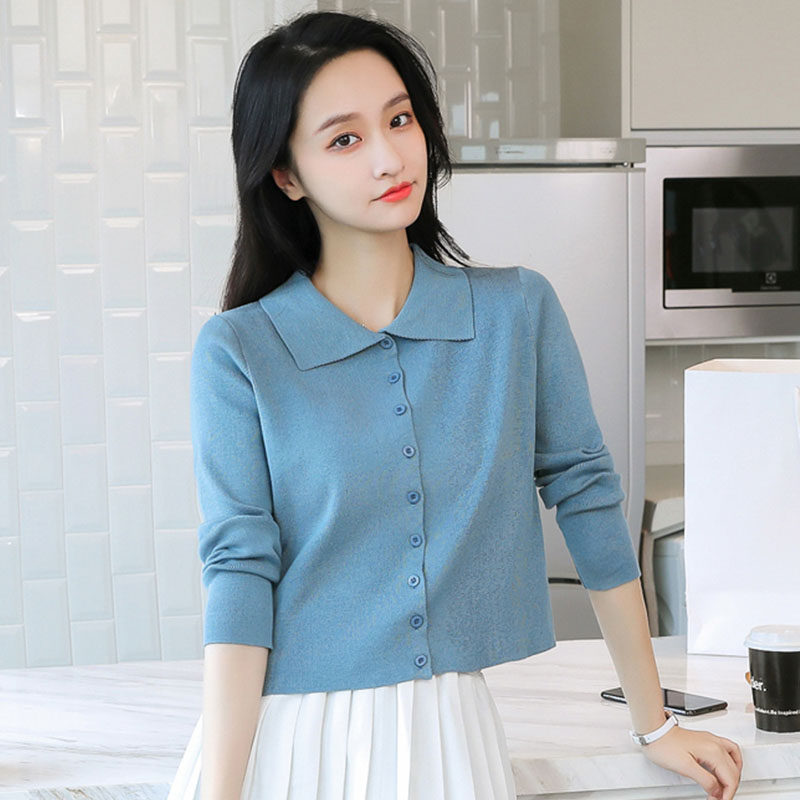 小个子短款polol领针织开衫上衣女秋季长袖高腰打底衫内搭毛衣女