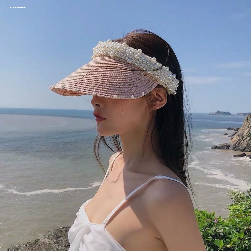 草编珍珠遮阳帽发箍空顶草帽女夏季发卡无顶鸭舌遮脸防晒太阳帽子