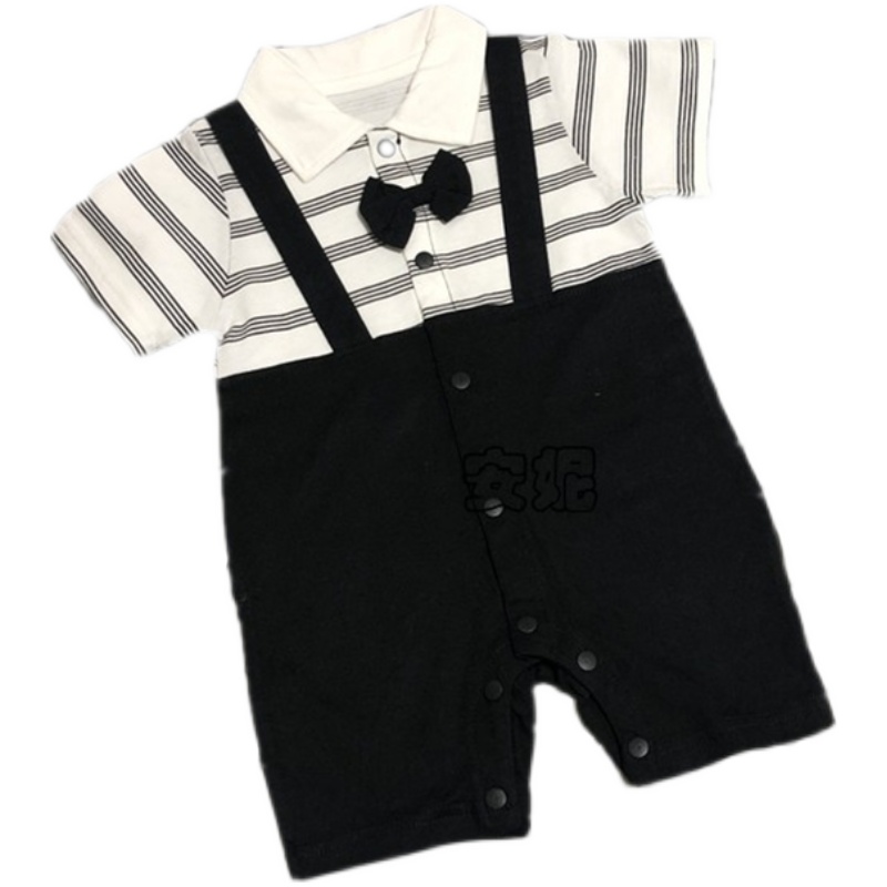 婴儿纯棉短袖连体衣服满月百天男宝宝爬服夏薄款外出服绅士英伦哈