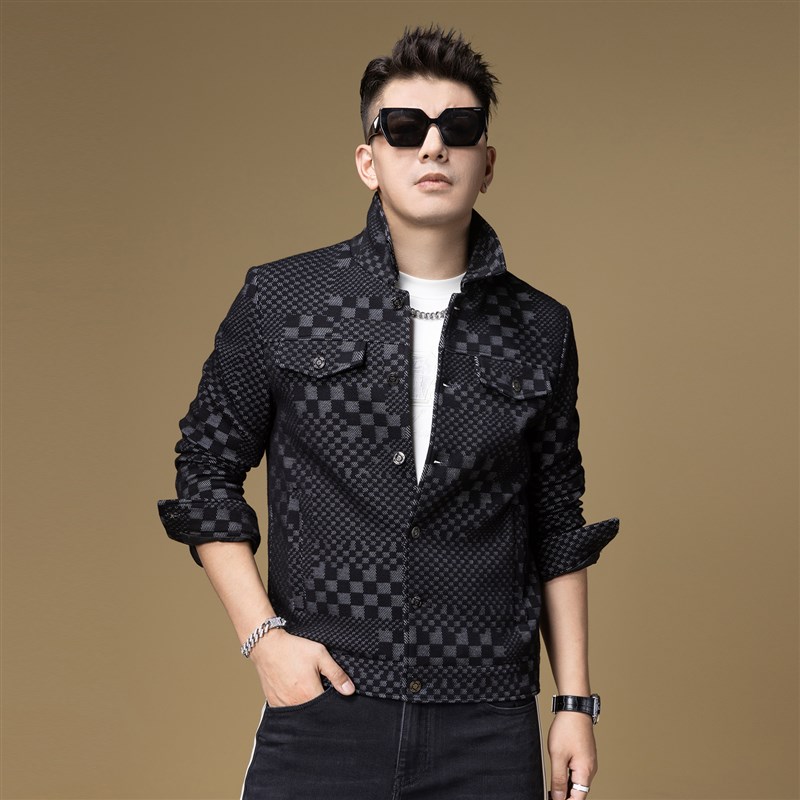 BM轻奢男装2024春秋新品高端夹克翻领格子外套男潮高级感春装上衣