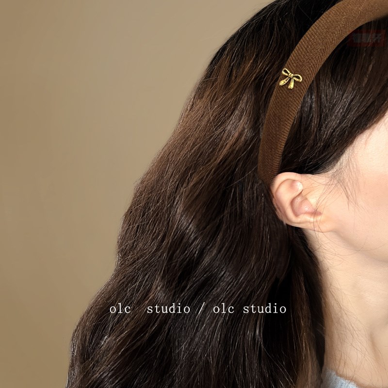 焦糖咖啡系~小金标蝴蝶结发箍细边高颅顶压发发卡早秋新款盘发器