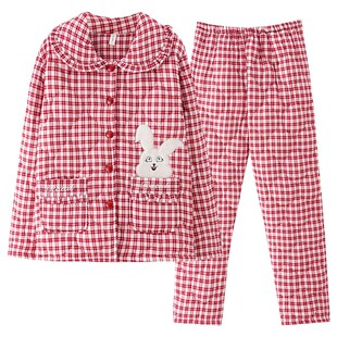 睡衣女士冬季三层加厚纯棉夹棉加厚保暖女款粉色格子家居服套装