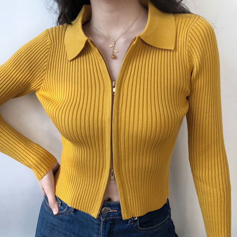 双头拉链坑条针织开衫女春装短款外套紧身性感露脐翻领长袖上衣潮,女装/女士精品,毛针织衫,淘宝优惠券,粉丝福利购,淘宝优惠卷