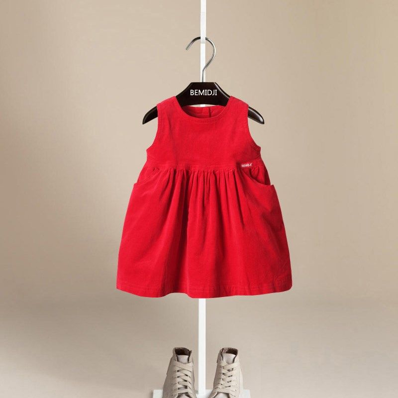 女童洋气背心连衣裙春秋宝宝大红色公主裙新年装儿童灯芯绒背带裙