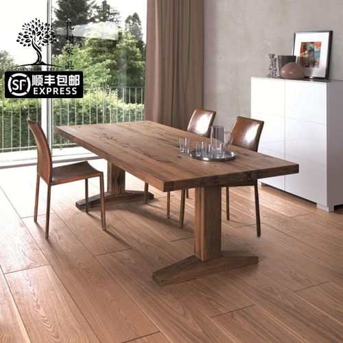 凡树 个性实木餐桌 家用实木长条工作台美式家庭聚餐吃饭桌椅组合