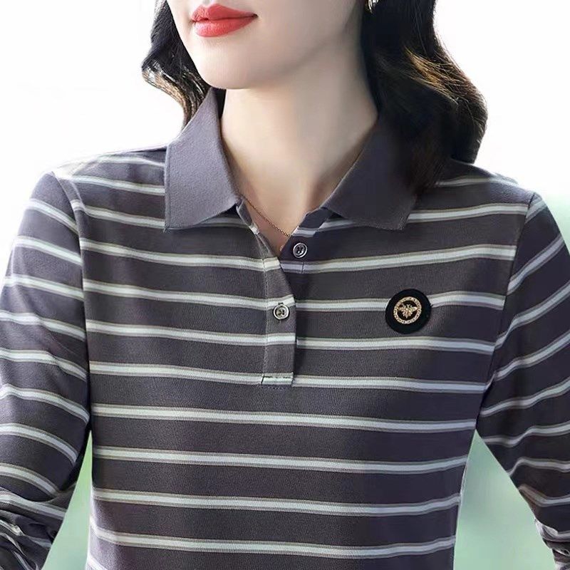 纯棉polo衫2025春秋装新款女士条纹长袖t恤中年妈妈女装翻领上衣,女装/女士精品,大码内搭,淘宝优惠券,粉丝福利购,淘宝优惠卷