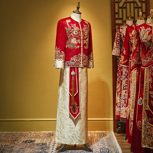 中式新郎秀禾服2023新款男士大码结婚礼服唐装接亲敬酒服龙凤褂男