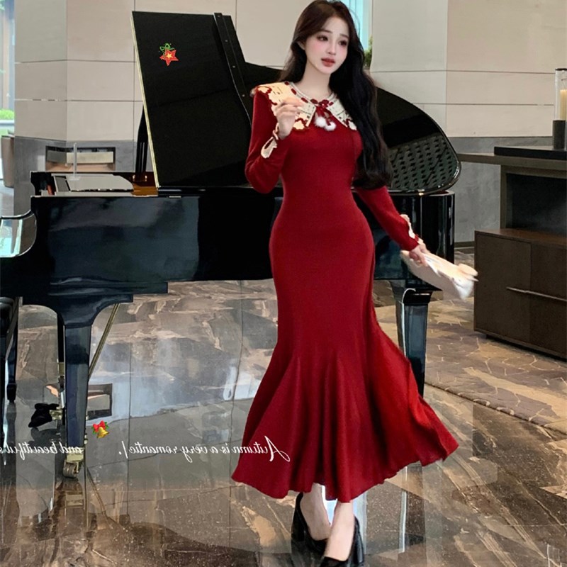 大码胖mm新中式娃娃领收腰红色旗袍连衣裙女秋冬气质包臀鱼尾长裙