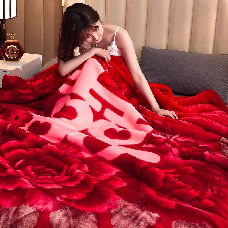 大红结婚庆毛毯冬季加厚保暖双层拉舍尔毯子单双人盖毯珊瑚绒被子