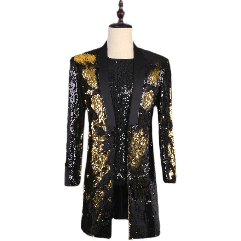 新品男黑金色青果领中长款亮片西装 春秋款男舞台变色休闲演出服