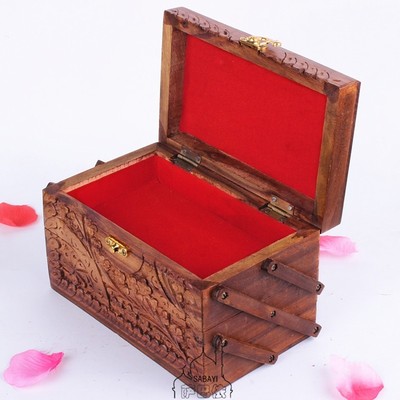 印巴核桃木高档珠宝首饰盒带锁木质小三层收纳盒女朋友圣诞礼品盒