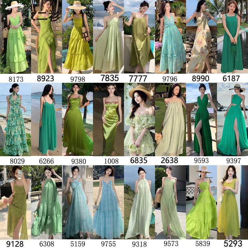 夏季新款法式气质复古牛油果绿色连衣裙仙女宽松海边度假沙滩长裙