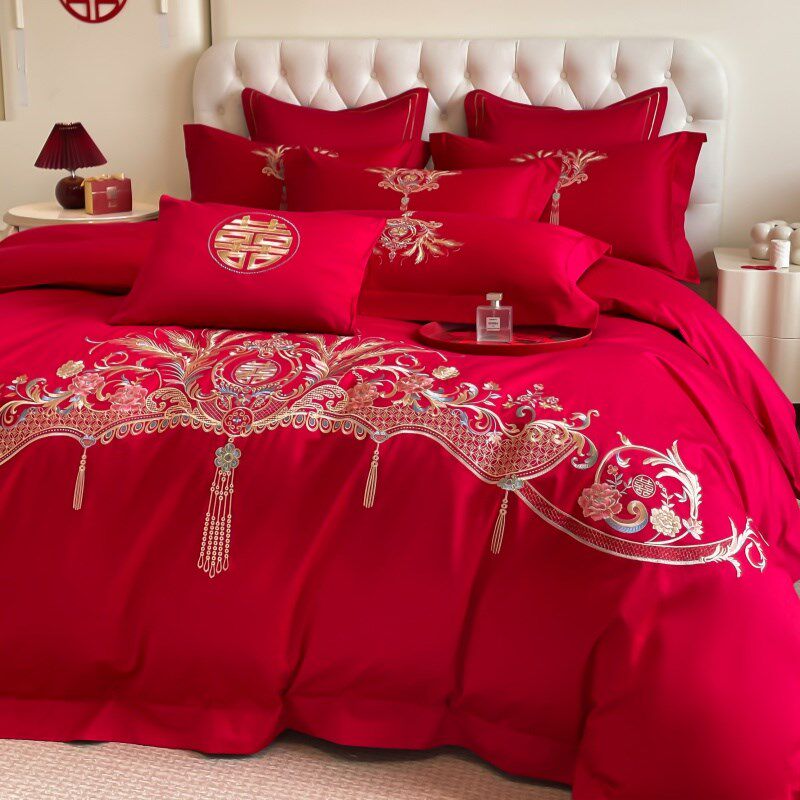 高档中式结婚四件套大红色陪嫁床单被套纯棉婚庆床上用品婚房喜被