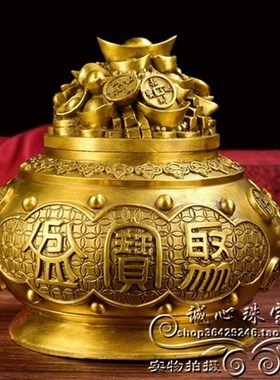 纯铜带盖聚宝盆摆件五路财神聚宝金盆大小号家居工艺装饰礼品