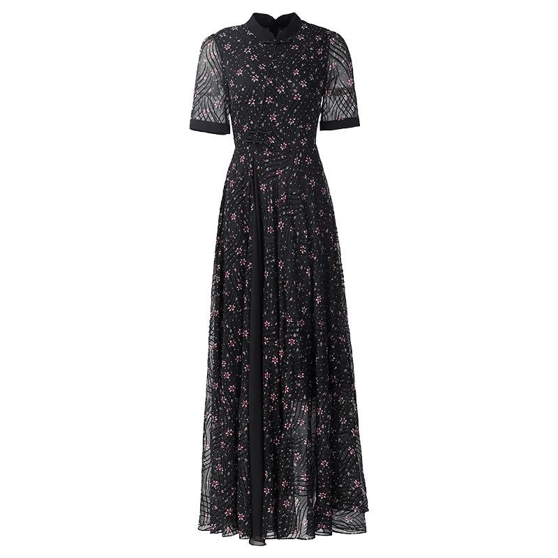 新中式连衣裙2024夏季新款高端精致提花裙子女复古显瘦植绒长裙06