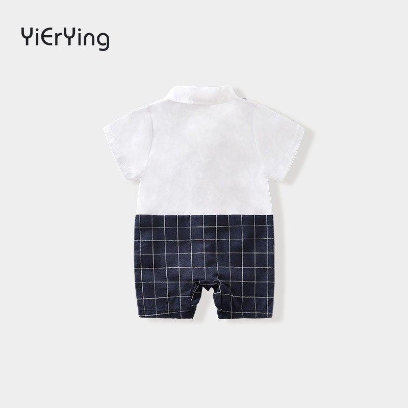 依尔婴连体衣男宝宝周岁宴礼服夏季绅士薄款短袖婴儿满月领结背带