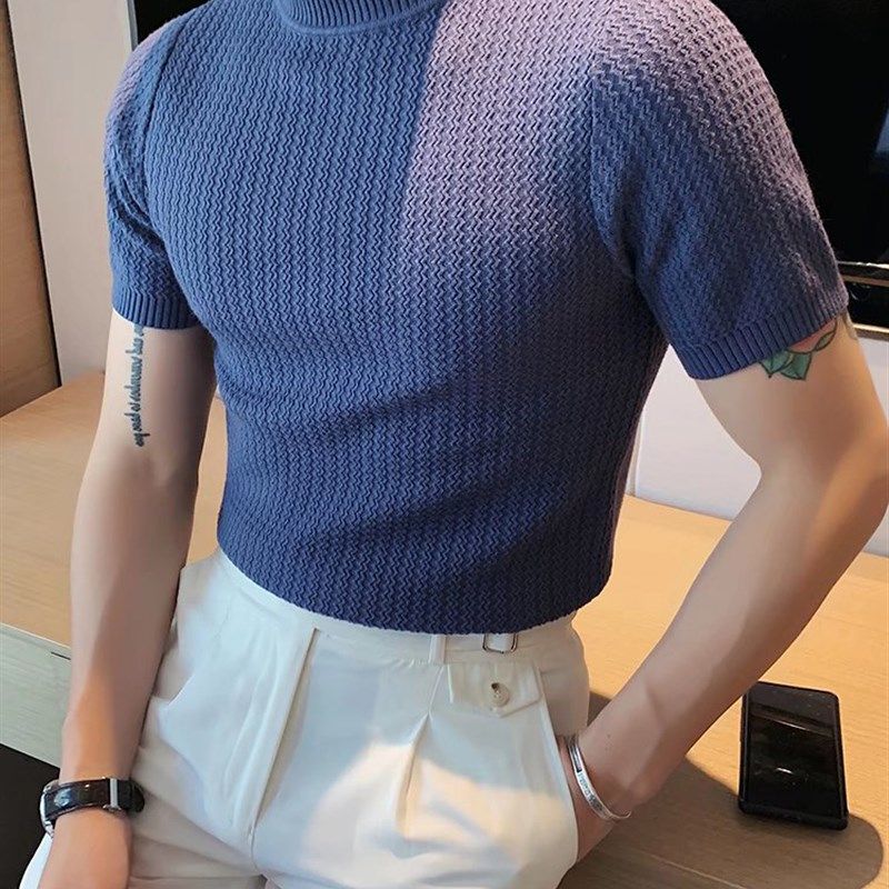 美式硬汉风小高领t恤男修身型弹力短袖针织衫薄款透气中领打底衫