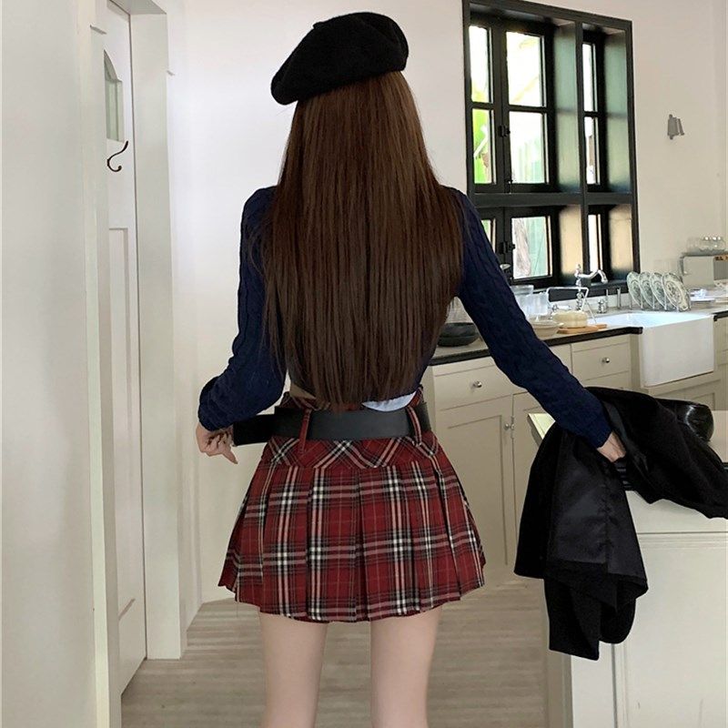 美式红格子西装百褶裙春夏大码高腰遮胯a字短裙学院风百搭半身裙