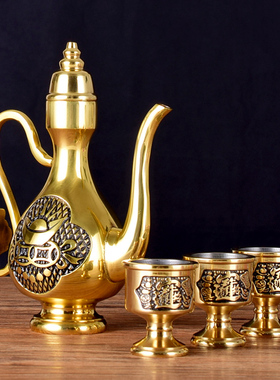 铜酒壶茶壶酒杯茶杯纯黄铜家用公司供奉拜财神关公土地公高脚供杯