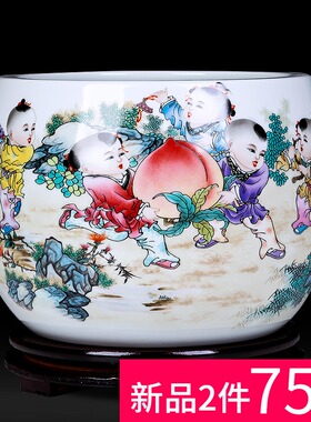 景德镇陶瓷器五子登科聚宝盆中式玄关酒柜家居客厅装饰工艺品摆件