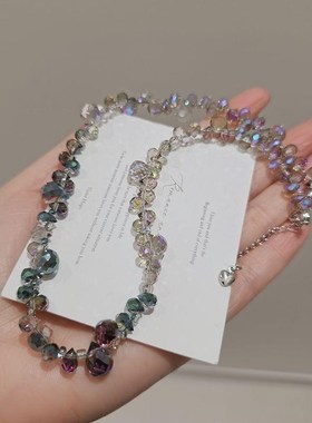 悠家渐变幻彩工艺水晶项链轻奢气质颈链饰品配饰