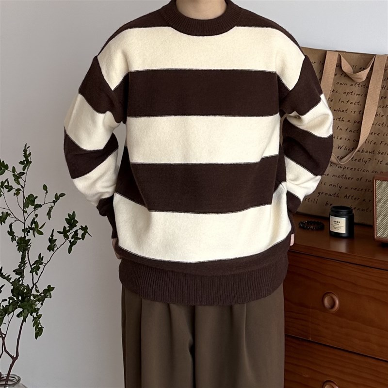 B东日系男装复古条n纹毛衣男秋冬宽松圆领针织衫情侣装打底上衣