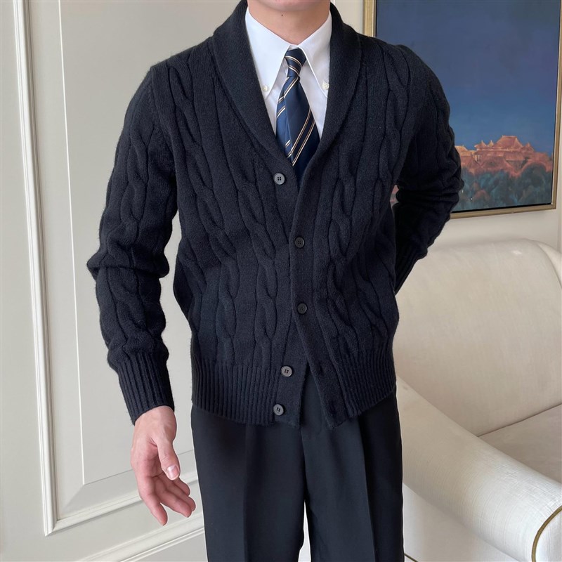 意式高端a休闲针织开衫英伦复古绅装青果领气质纽花毛衣外套男上