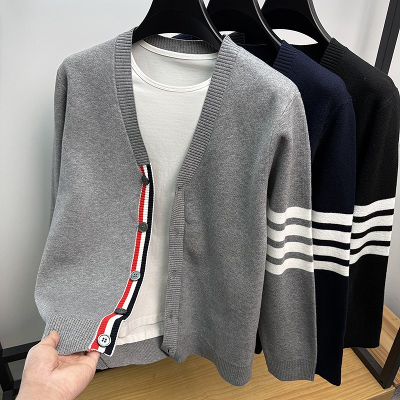 高端正品V领tbk开衫男针织衫春秋季条纹修身毛衣外套线衣男装外穿