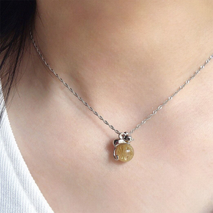 天然金发晶吊坠 生肖小老鼠本命年吊坠黄发晶纯银项链女招财转运