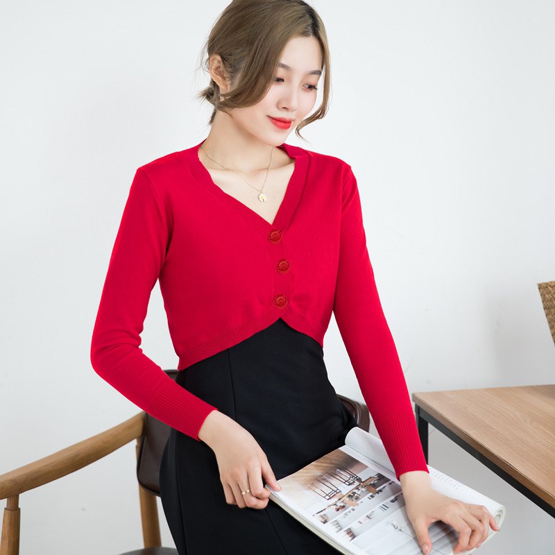 秋季黑色长袖针织开衫女士超短款C高腰小披肩修身百搭薄款上衣外